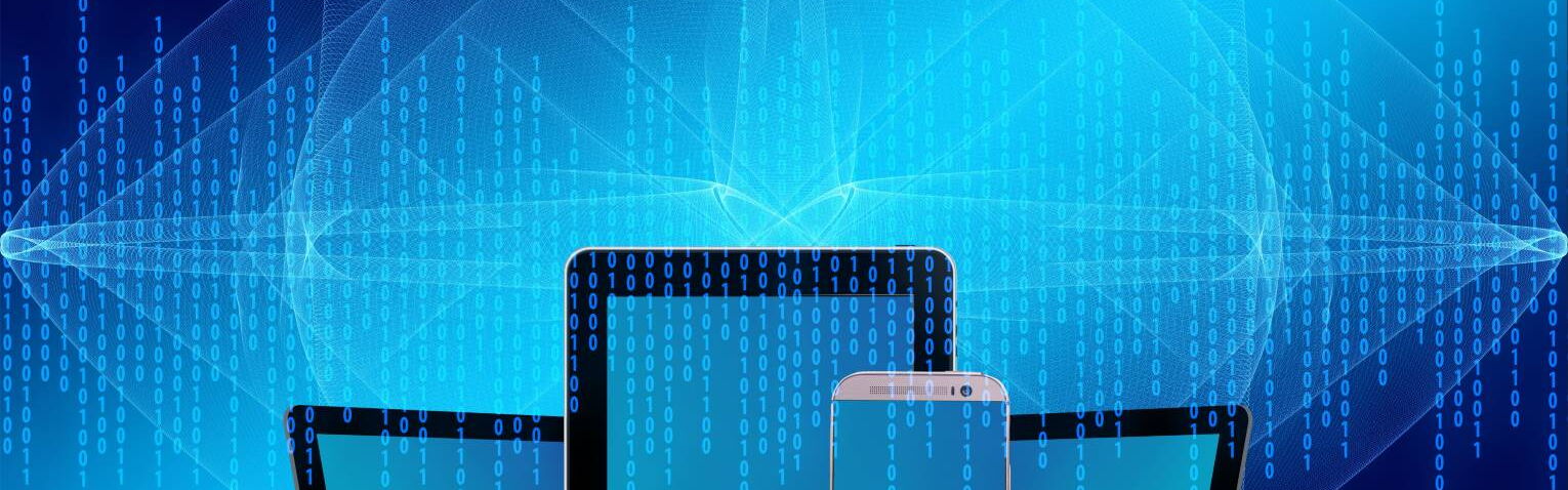 Design abstrait bleu et différentes tablettes numériques et smartphone sous licence libre Creative Commons Zero